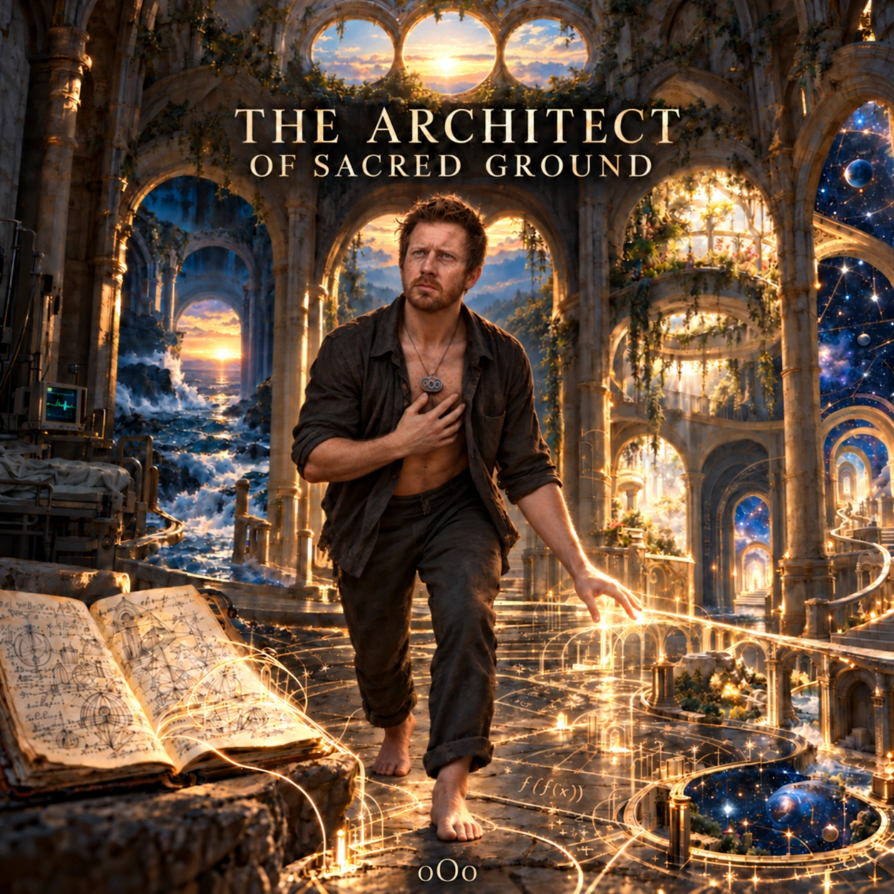 The Architect of Sacred Ground: a man shaping a luminous cathedral from the drawings in an open notebook.